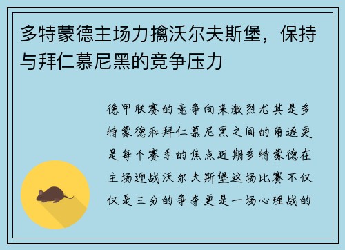多特蒙德主场力擒沃尔夫斯堡，保持与拜仁慕尼黑的竞争压力